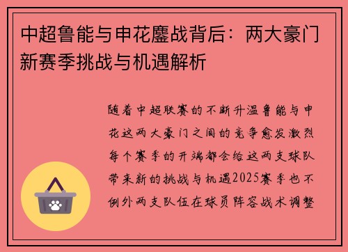 中超鲁能与申花鏖战背后:两大豪门新赛季挑战与机遇解析