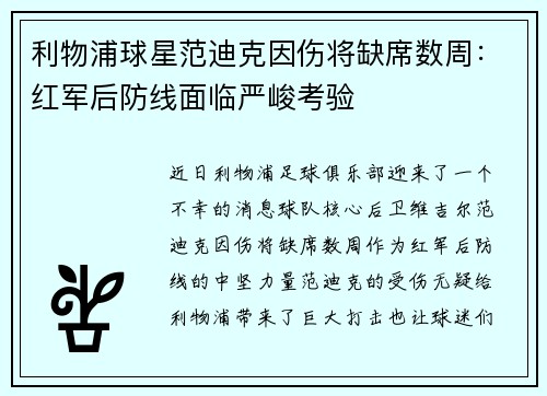 利物浦球星范迪克因伤将缺席数周：红军后防线面临严峻考验
